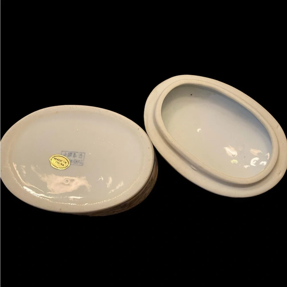 Vintage Chinoiserie Porcelain Oval Trinket Box Mint in Box Floral Blue Pink
